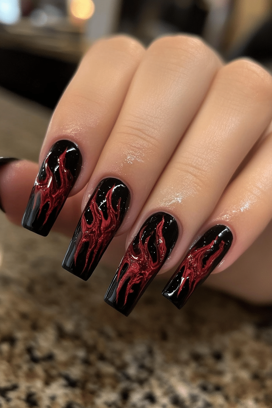 5. Midnight Flames (Short Black Coffin Nail Design Ideas) - Short Black Coffin Nail Design Ideas