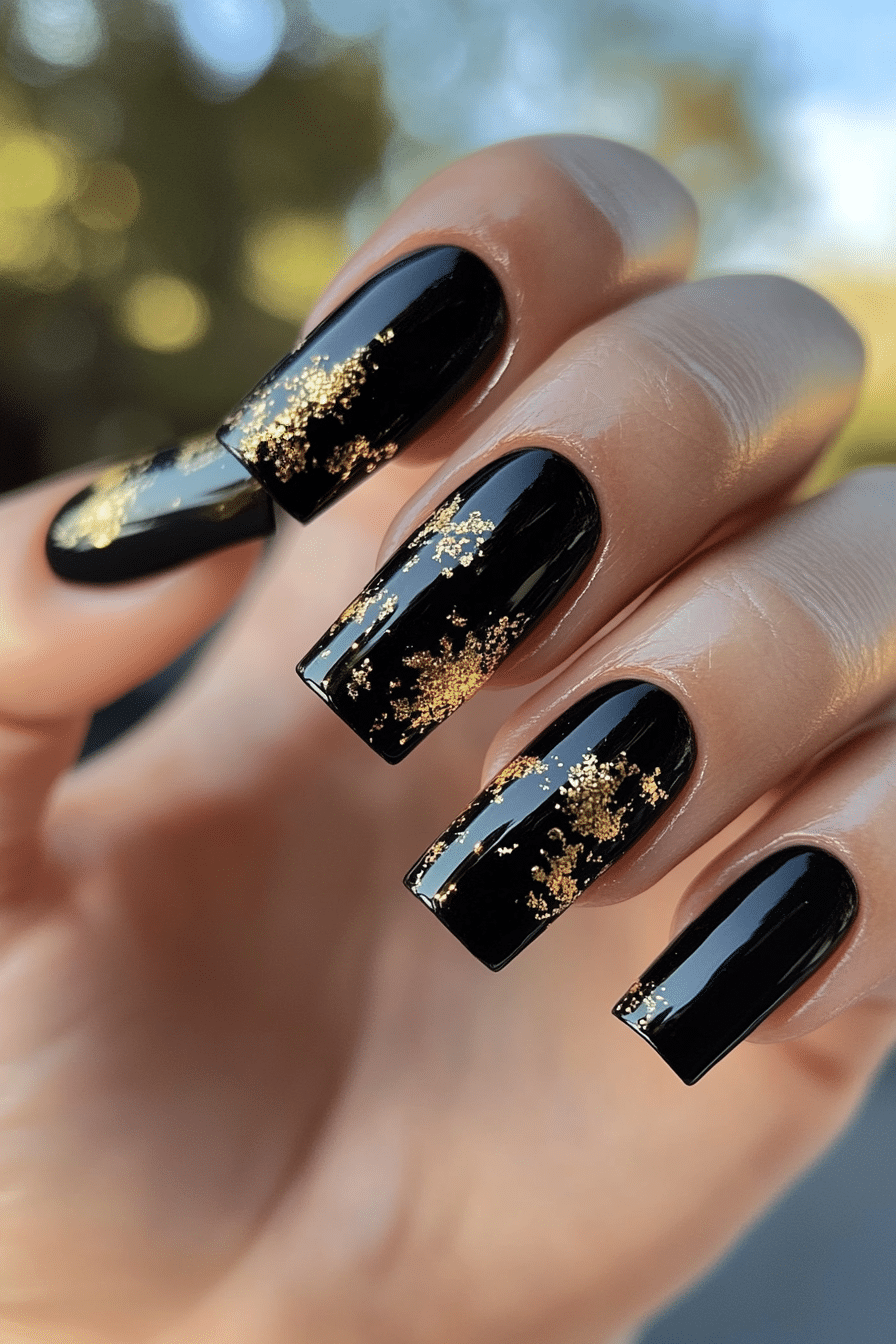 6. Black and Gold Foil Burst (Short Black Coffin Nail Design Ideas) - Short Black Coffin Nail Design Ideas