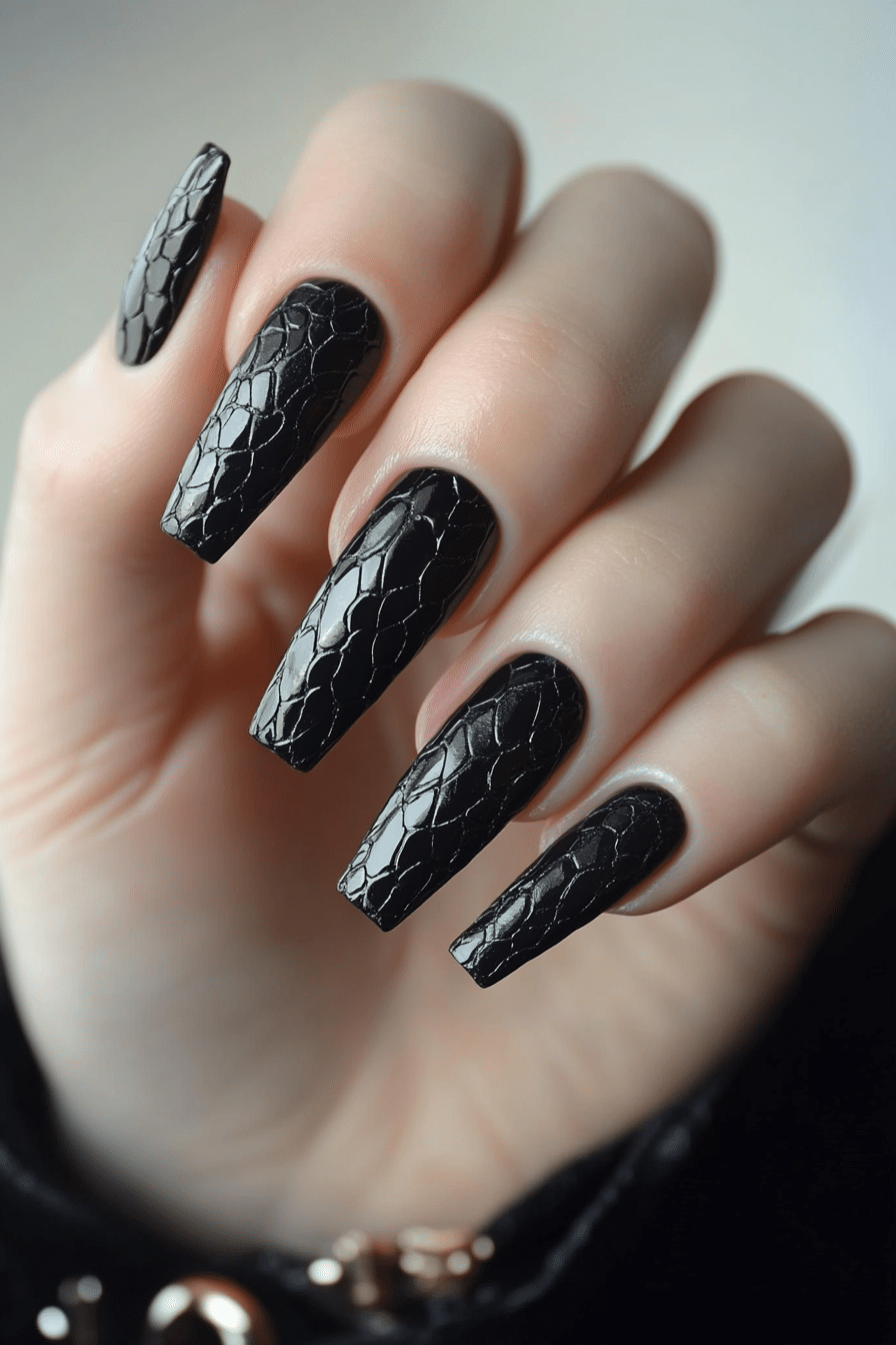 8. Monochrome Snake Print (Short Black Coffin Nail Design Ideas) - Short Black Coffin Nail Design Ideas