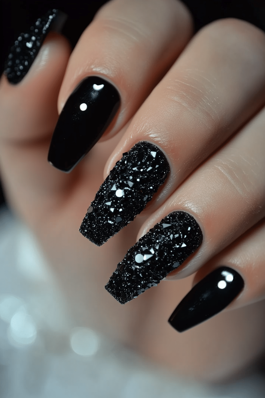 9. Onyx Crystals (Short Black Coffin Nail Design Ideas) - Short Black Coffin Nail Design Ideas