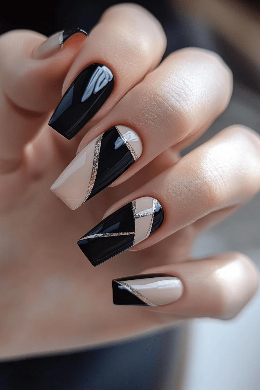 10. Light Beige and Black Abstract (Short Black Coffin Nail Design Ideas) - Short Black Coffin Nail Design Ideas