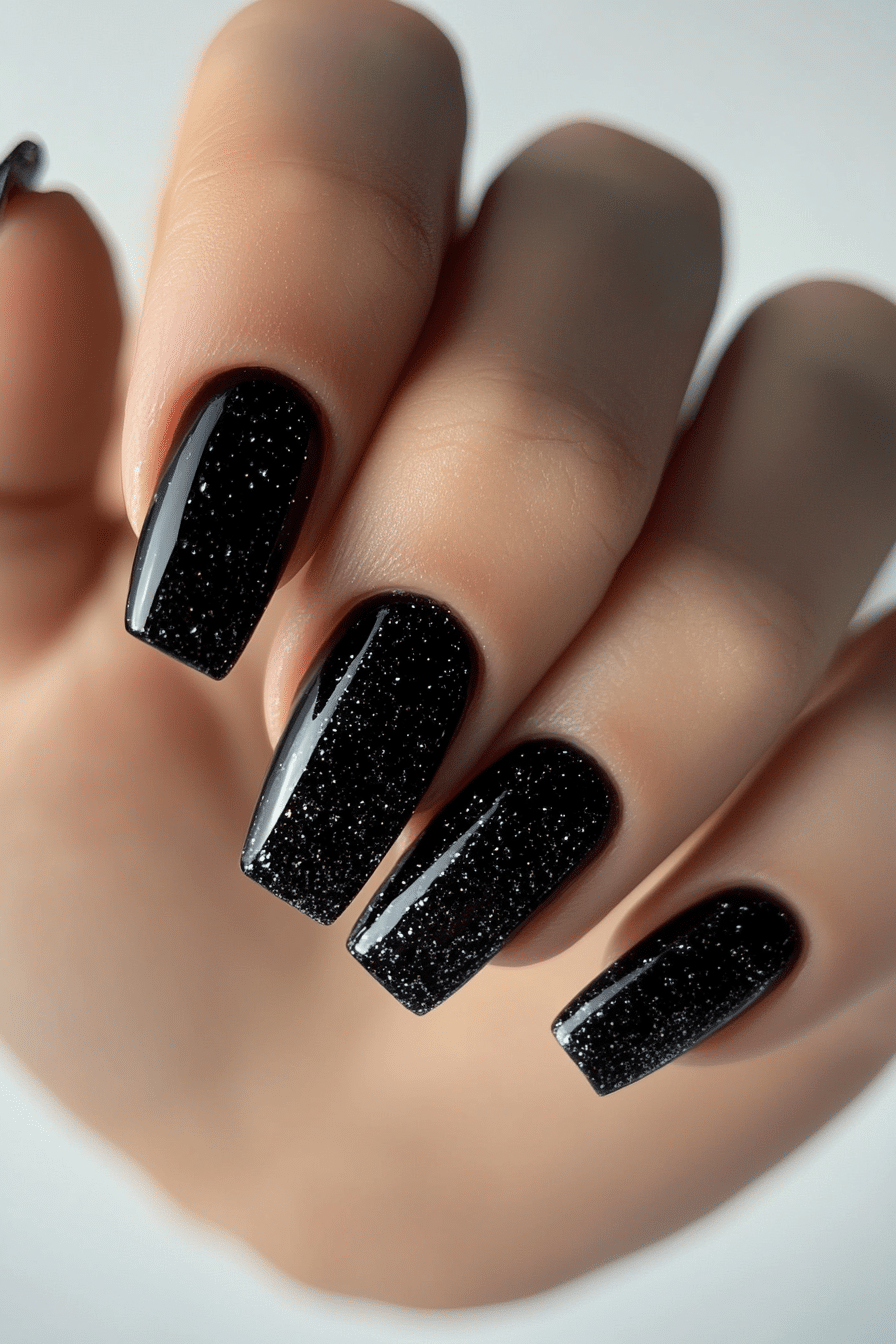 11. Soft Glitter Fade (Short Black Coffin Nail Design Ideas) - Short Black Coffin Nail Design Ideas