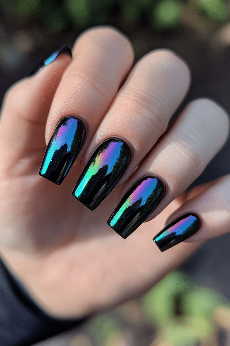 12. Oil-Slick Shine (Short Black Coffin Nail Design Ideas) - Short Black Coffin Nail Design Ideas
