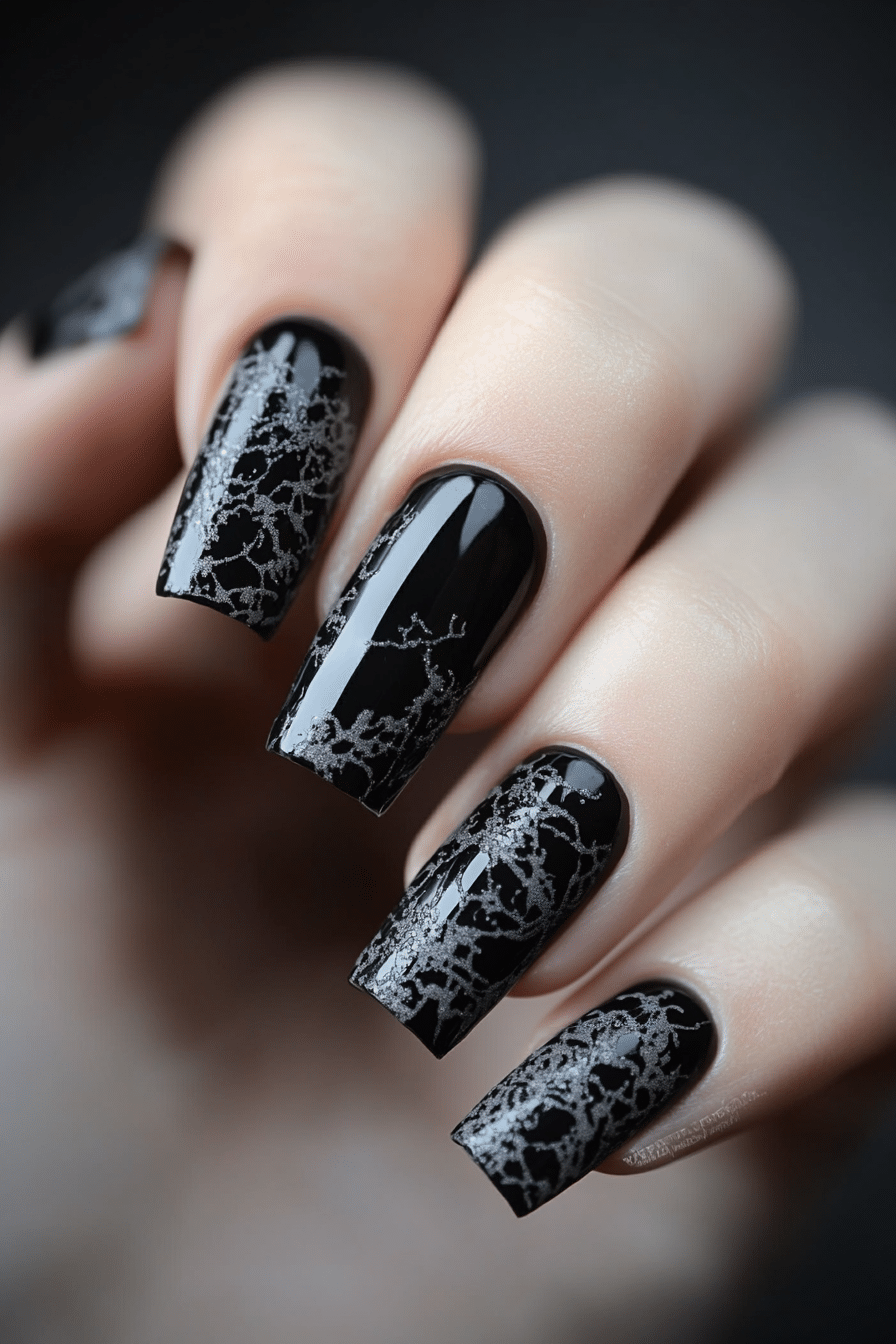 13. Ink Blot Beauty (Short Black Coffin Nail Design Ideas) - Short Black Coffin Nail Design Ideas