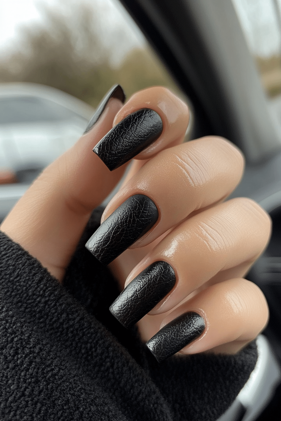 14. Black Leather Texture (Short Black Coffin Nail Design Ideas) - Short Black Coffin Nail Design Ideas