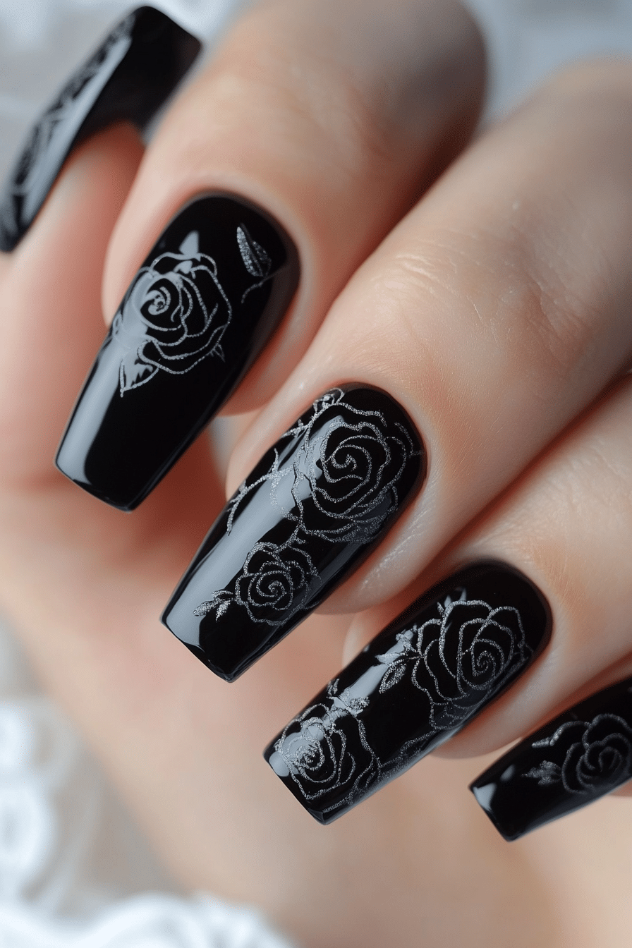 15. Black Rose Illusion (Short Black Coffin Nail Design Ideas) - Short Black Coffin Nail Design Ideas
