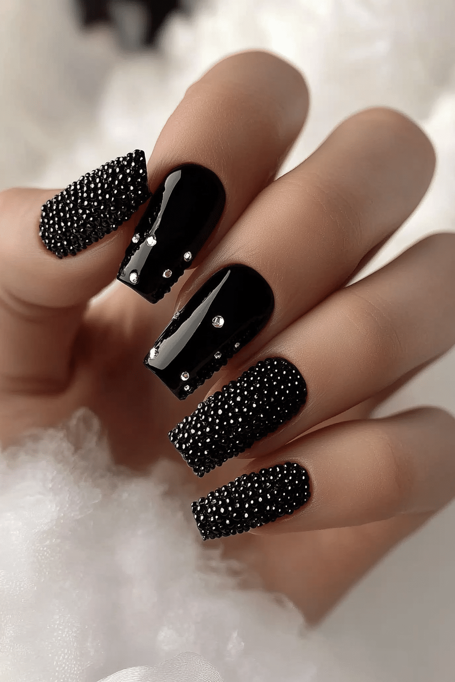 16. Caviar Bead Accent (Short Black Coffin Nail Design Ideas) - Short Black Coffin Nail Design Ideas