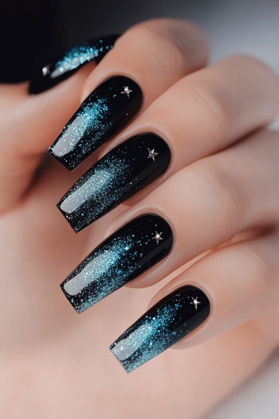 17. Twilight Shimmer Fade (Short Black Coffin Nail Design Ideas) - Short Black Coffin Nail Design Ideas
