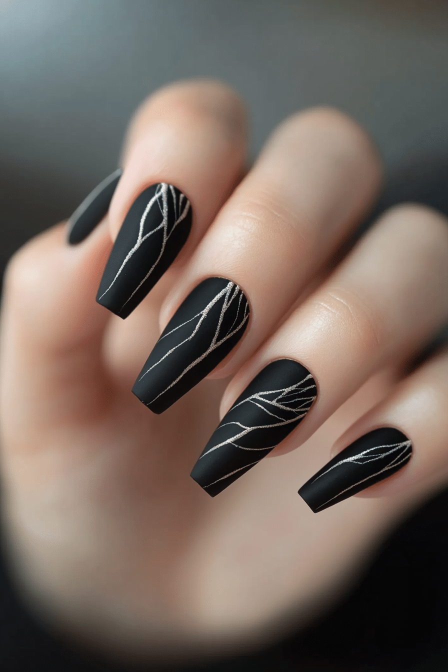 18. Light Beige Line Work (Short Black Coffin Nail Design Ideas) - Short Black Coffin Nail Design Ideas