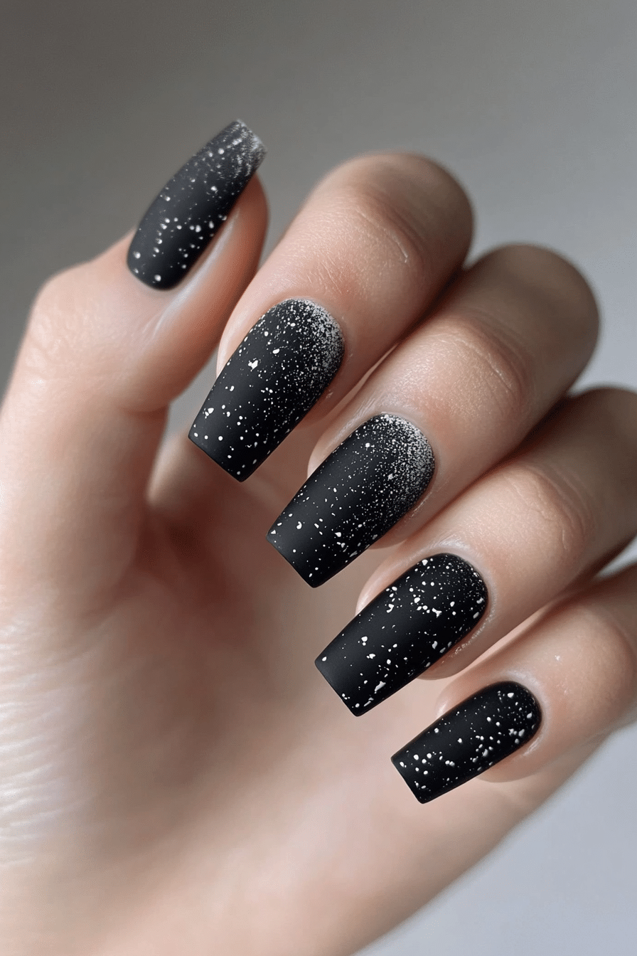 19. Speckled Granite (Short Black Coffin Nail Design Ideas) - Short Black Coffin Nail Design Ideas