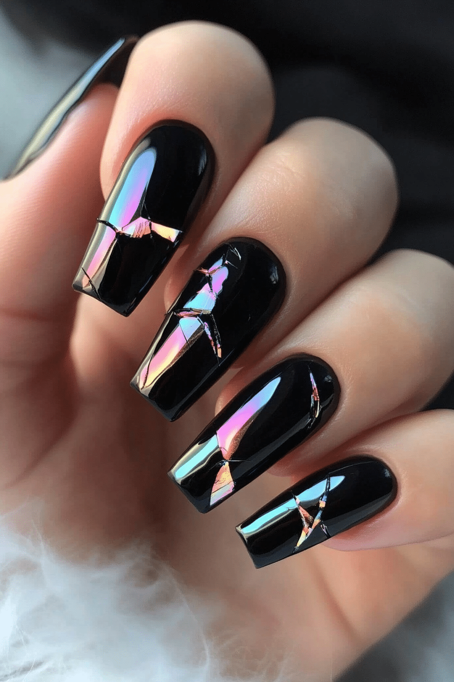 20. Shattered Mirror Black (Short Black Coffin Nail Design Ideas) - Short Black Coffin Nail Design Ideas
