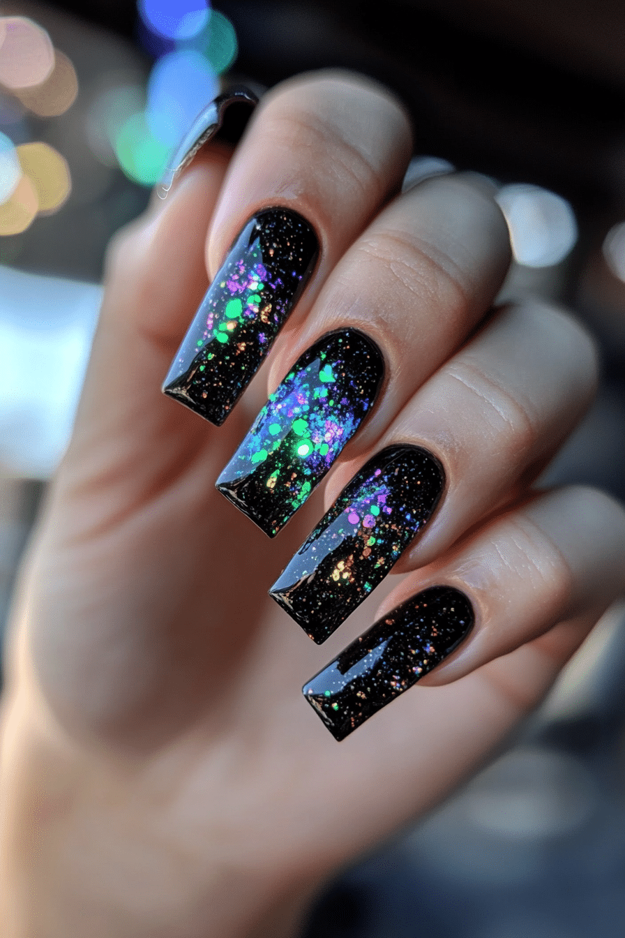 21. Black Opal Illusion (Short Black Coffin Nail Design Ideas) - Short Black Coffin Nail Design Ideas