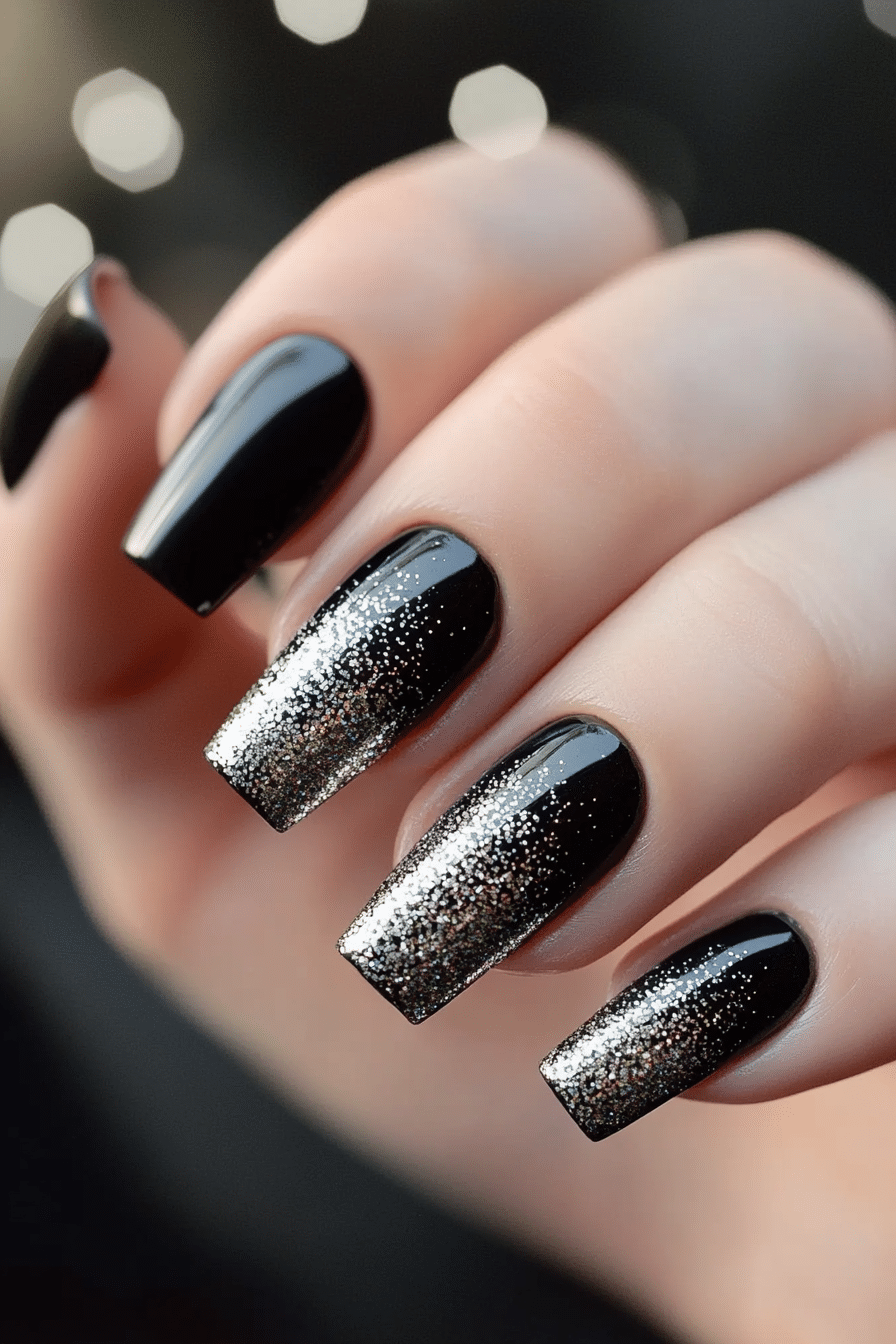 22. Cosmic Dust Overlay (Short Black Coffin Nail Design Ideas) - Short Black Coffin Nail Design Ideas