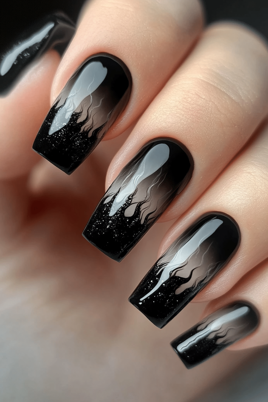 24. Ash Smoke Effect (Short Black Coffin Nail Design Ideas) - Short Black Coffin Nail Design Ideas
