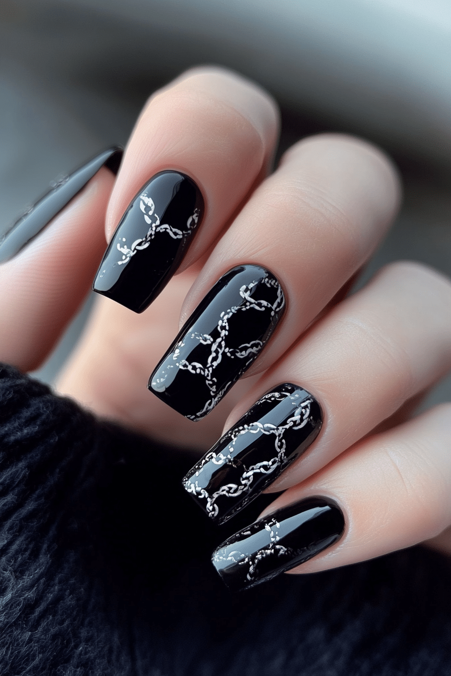25. Black with Soft Chains (Short Black Coffin Nail Design Ideas) - Short Black Coffin Nail Design Ideas