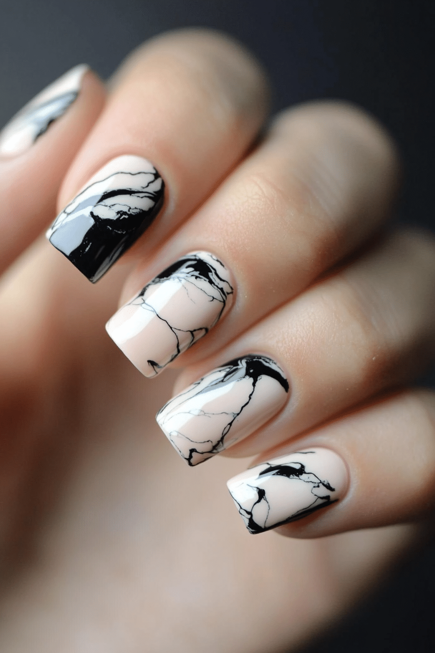 1. Monochrome Marble Swirl (Black And White Nail Design Ideas) - Black And White Nail Design Ideas