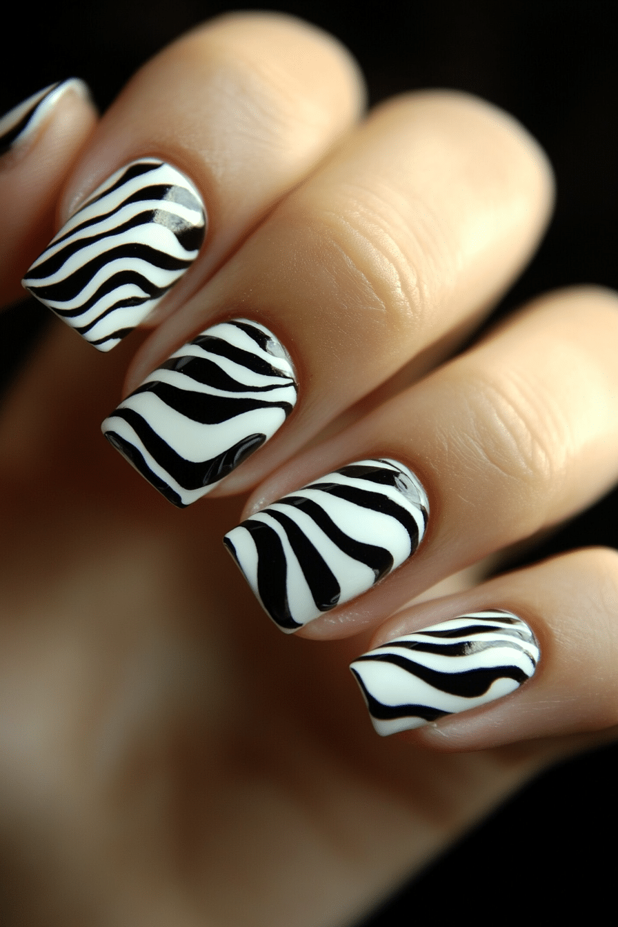 7. Zebra-Inspired Waves (Black And White Nail Design Ideas) - Black And White Nail Design Ideas
