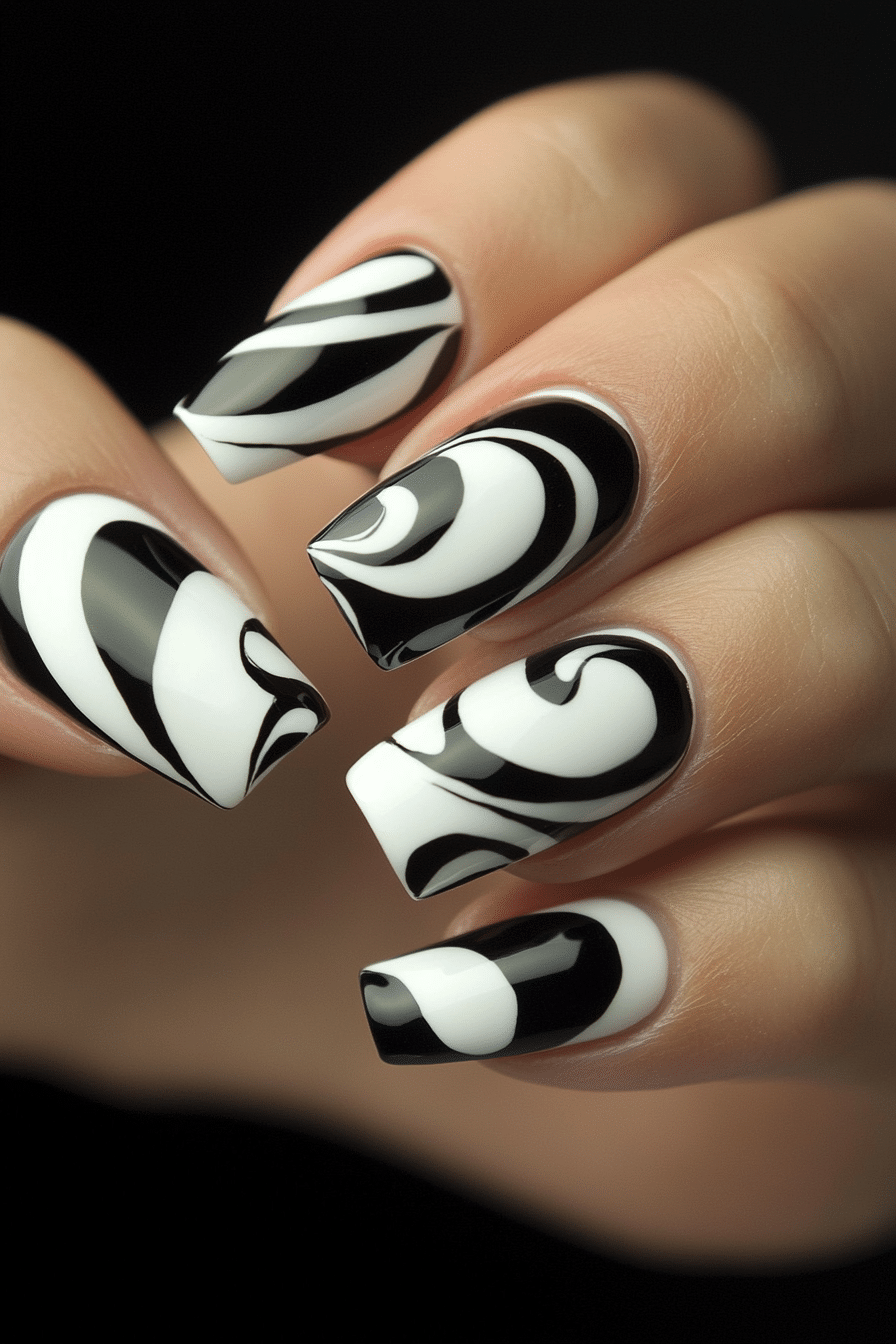 13. Contrast Swirls (Black And White Nail Design Ideas) - Black And White Nail Design Ideas