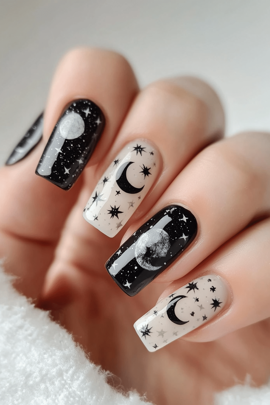 14. Monochrome Moonscape (Black And White Nail Design Ideas) - Black And White Nail Design Ideas