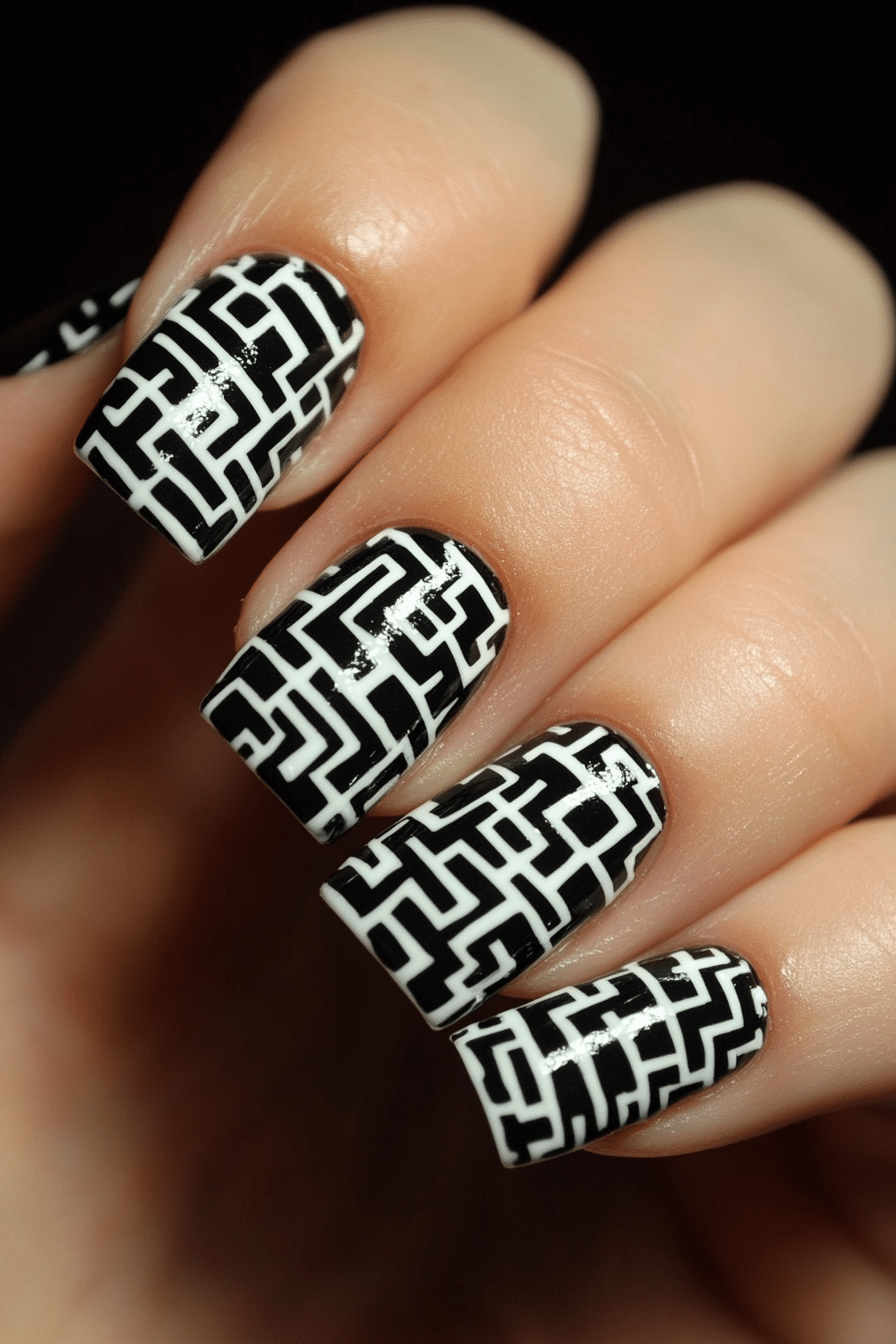 15. Modern Maze (Black And White Nail Design Ideas) - Black And White Nail Design Ideas