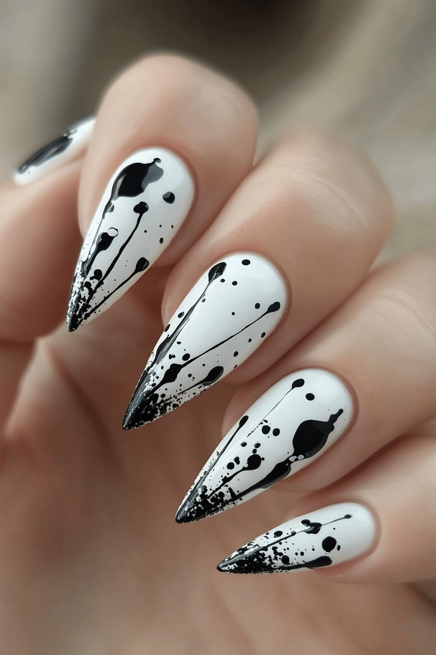 18. Ink Drop Splash (Black And White Nail Design Ideas) - Black And White Nail Design Ideas