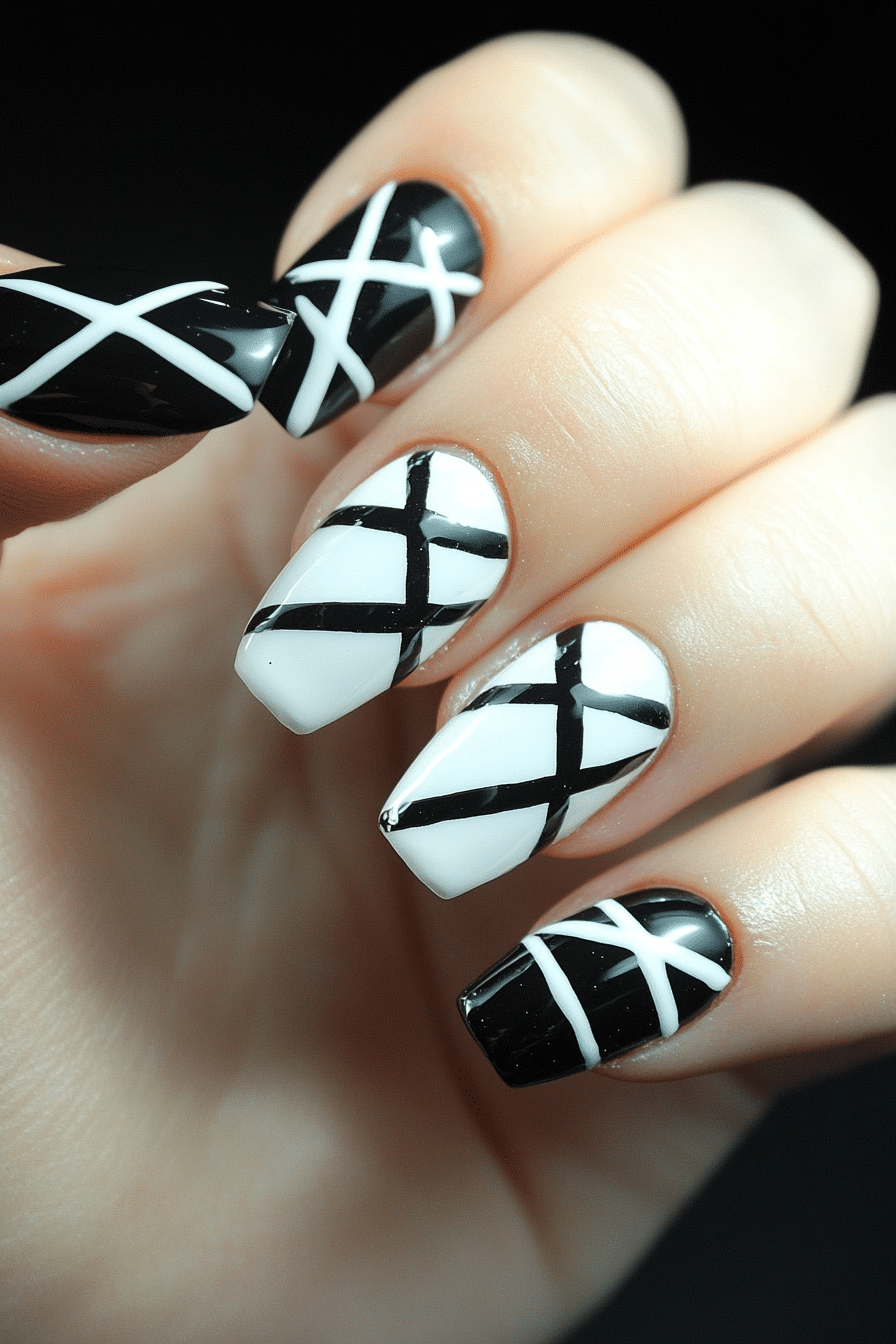 20. Crisscross Contrast (Black And White Nail Design Ideas) - Black And White Nail Design Ideas