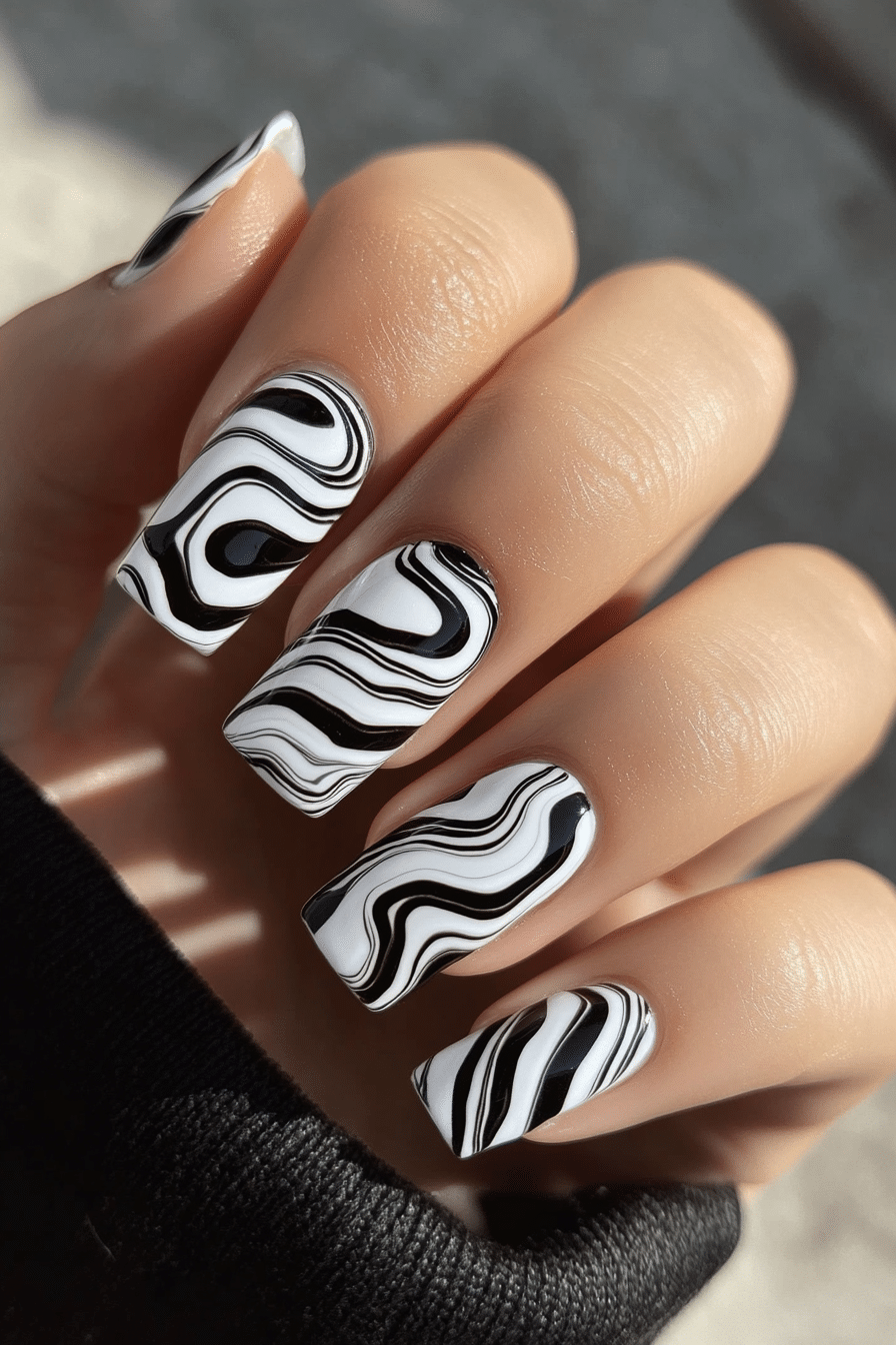 21. Wavy Panel Nails (Black And White Nail Design Ideas) - Black And White Nail Design Ideas