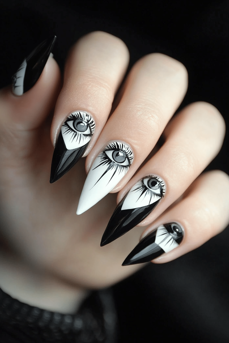 23. Graphic Eye Motif (Black And White Nail Design Ideas) - Black And White Nail Design Ideas