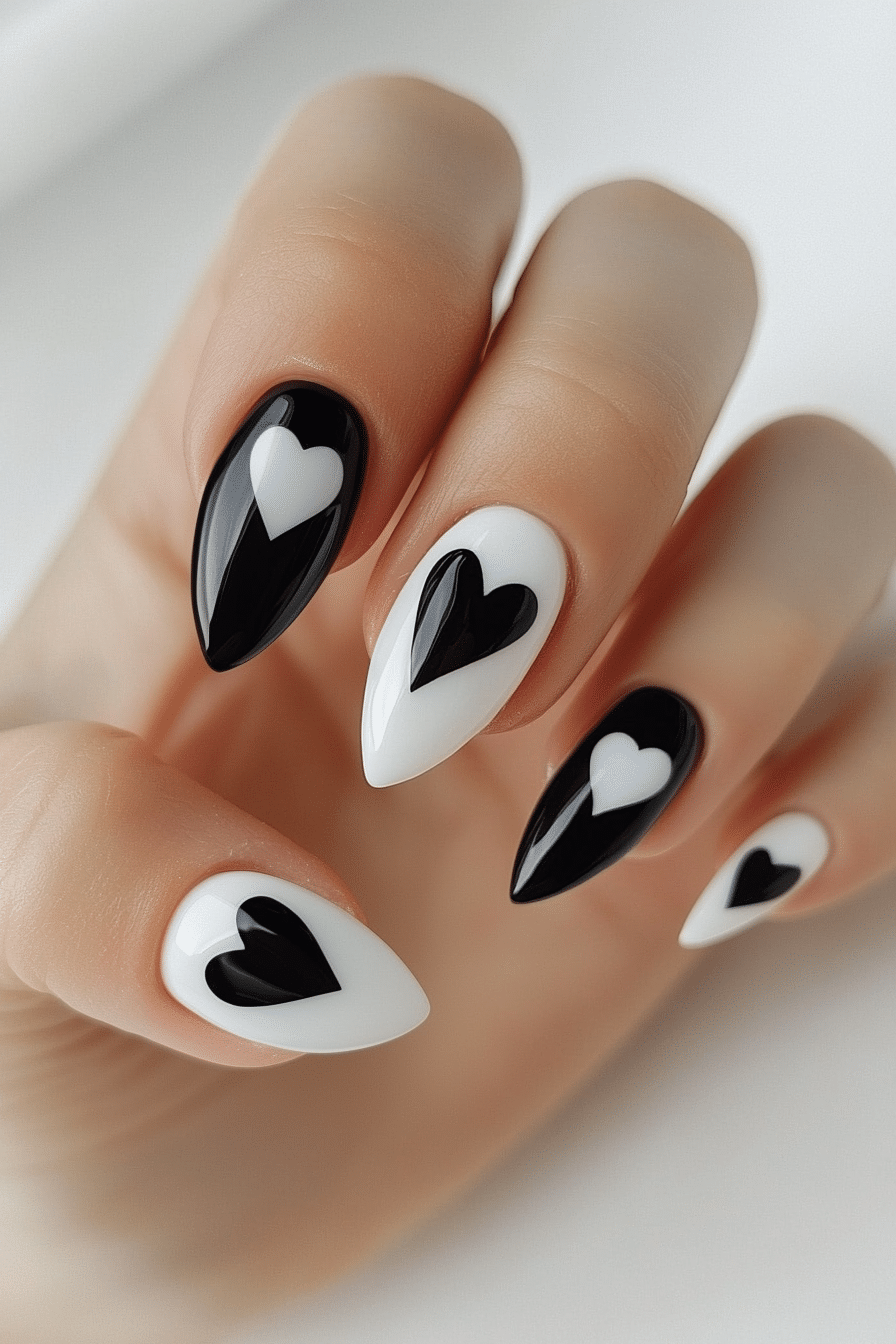 25. Contrast Hearts (Black And White Nail Design Ideas) - Black And White Nail Design Ideas