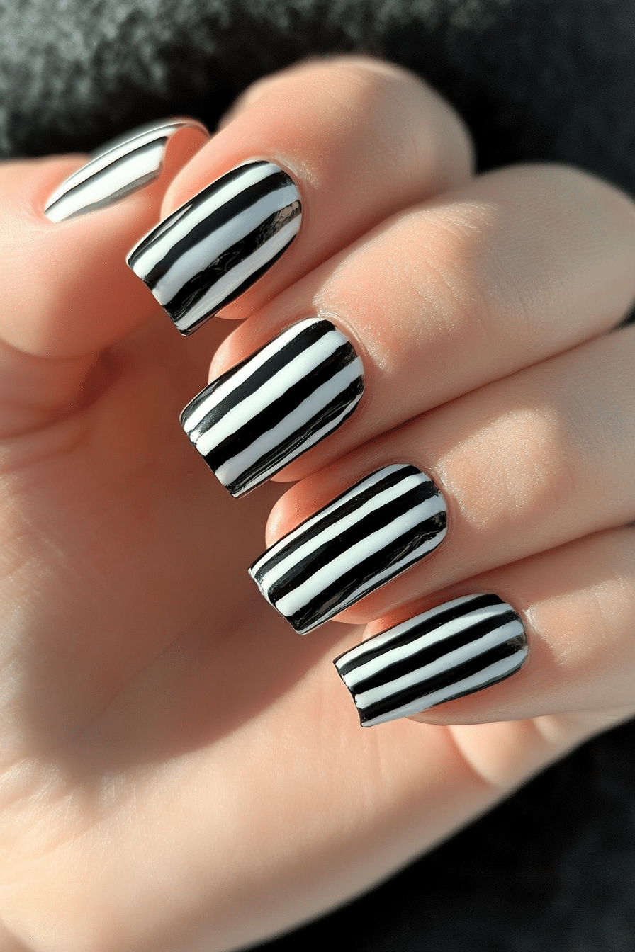 26. Retro Stripe Pattern (Black And White Nail Design Ideas) - Black And White Nail Design Ideas