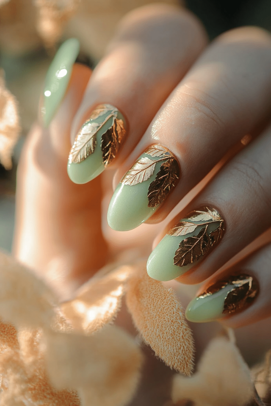 5. Golden Leaf Veins (Nature Nail Design Ideas) - Nature Nail Design Ideas