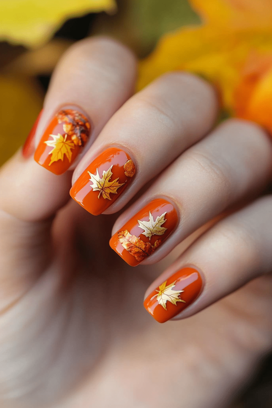 1. Maple Leaf Charm (Short Thanksgiving Nail Design Ideas) - Short Thanksgiving Nail Design Ideas