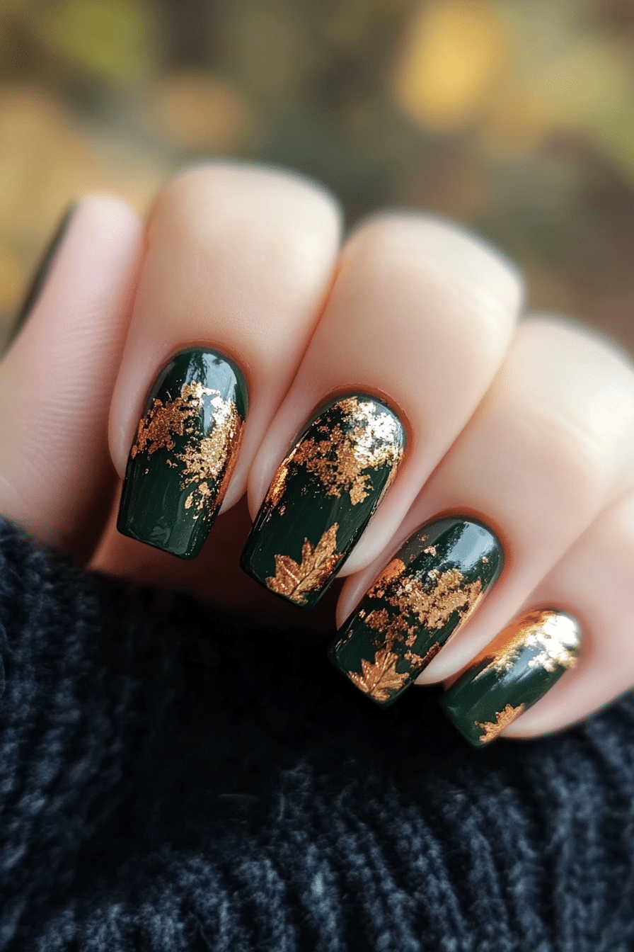 13. Forest Floor Foil (Short Thanksgiving Nail Design Ideas) - Short Thanksgiving Nail Design Ideas