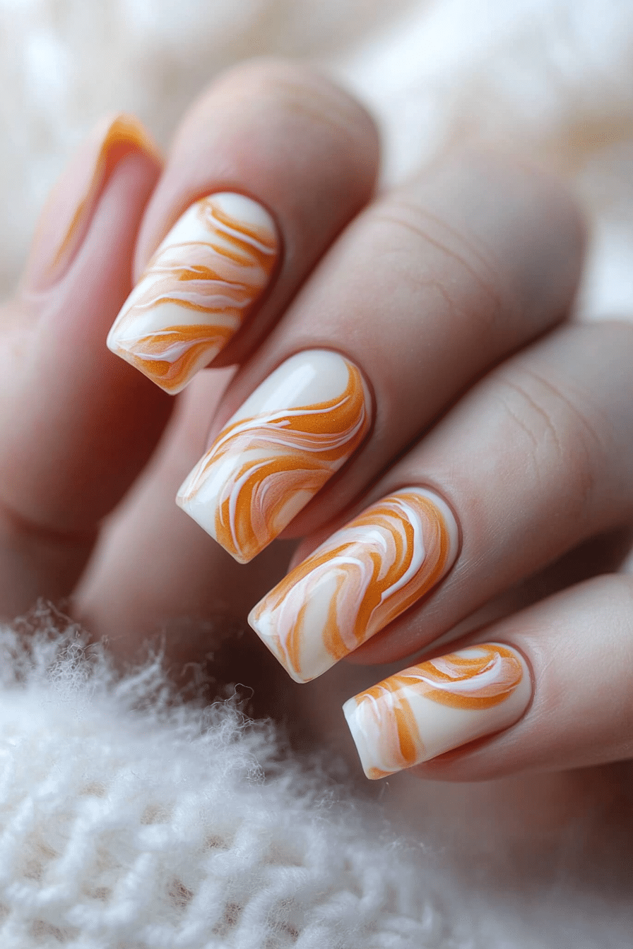 16. Caramel Swirl Art (Short Thanksgiving Nail Design Ideas) - Short Thanksgiving Nail Design Ideas