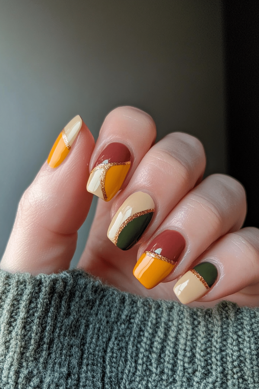 17. Cornucopia Color Block (Short Thanksgiving Nail Design Ideas) - Short Thanksgiving Nail Design Ideas