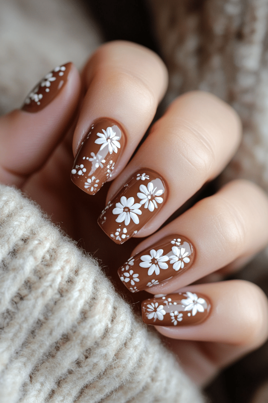 19. Mocha Micro Florals (Short Thanksgiving Nail Design Ideas) - Short Thanksgiving Nail Design Ideas