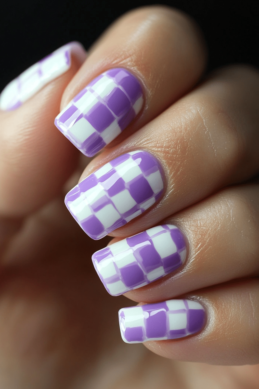 3. Miniature Checkerboard in Lilac and White (Cute Nail Design Ideas For Short Nails) - Cute Nail Design Ideas For Short Nails