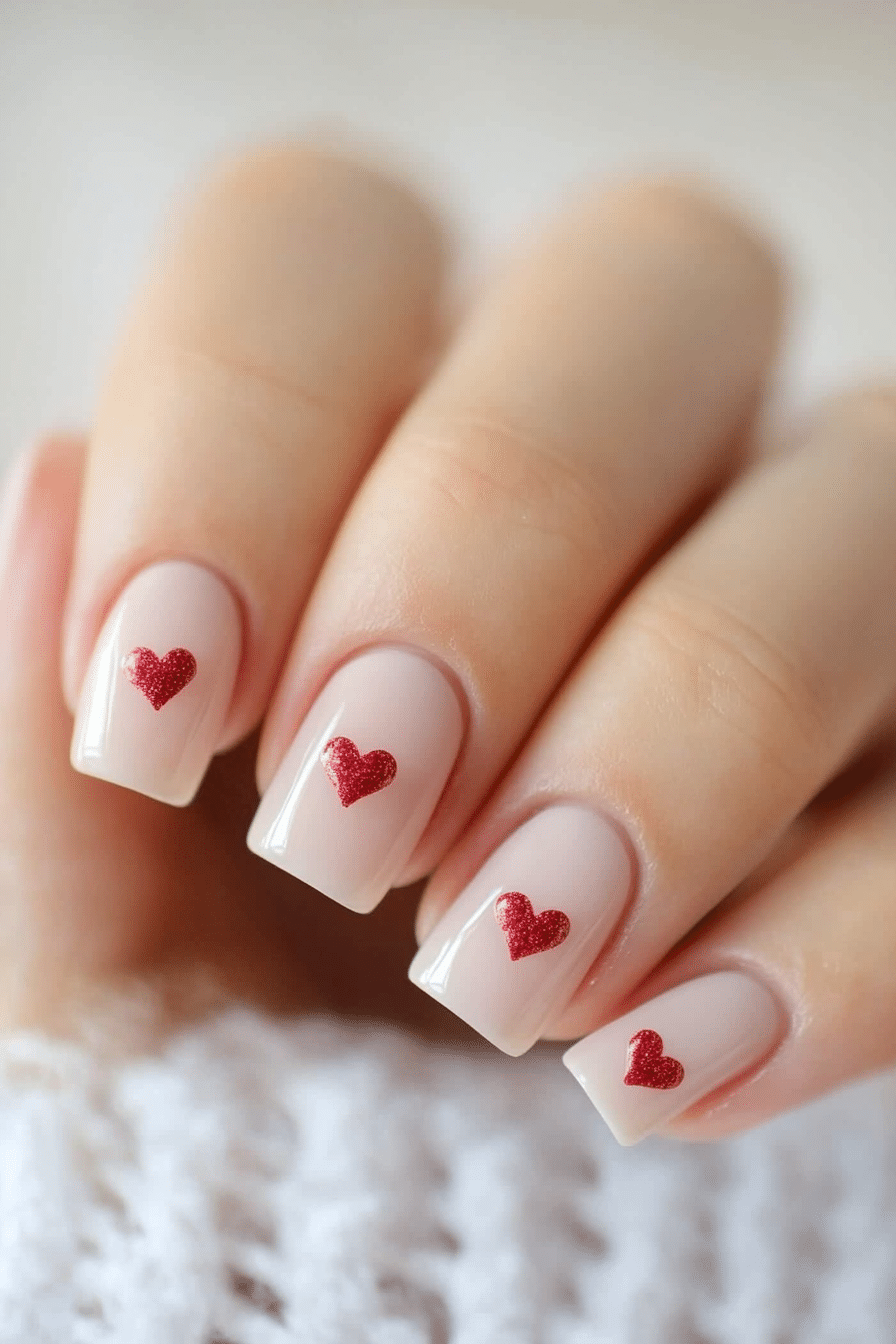 6. Tiny Heart Accents on Soft Pink (Cute Nail Design Ideas For Short Nails) - Cute Nail Design Ideas For Short Nails