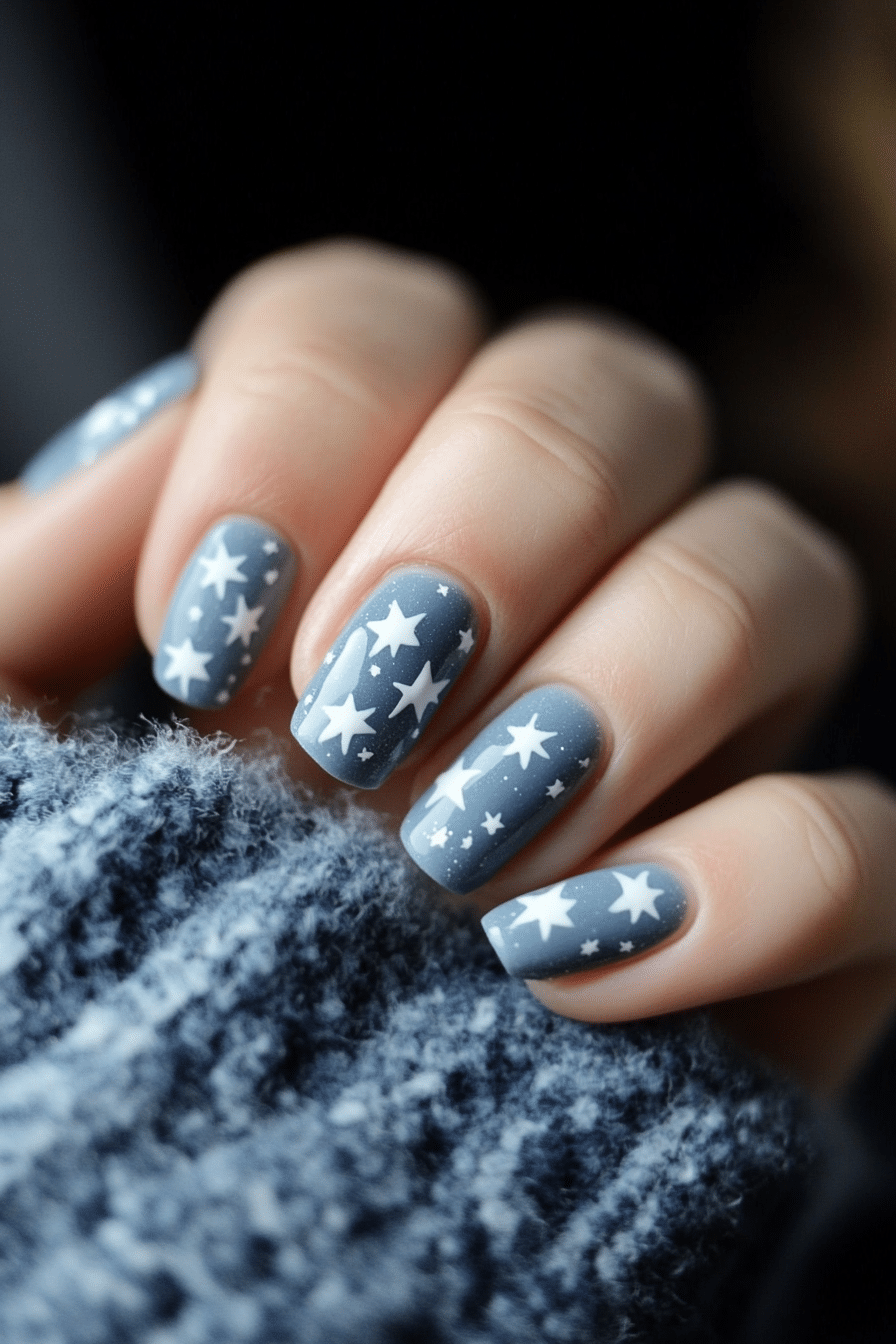 9. Tiny Stars on Dusty Blue (Cute Nail Design Ideas For Short Nails) - Cute Nail Design Ideas For Short Nails