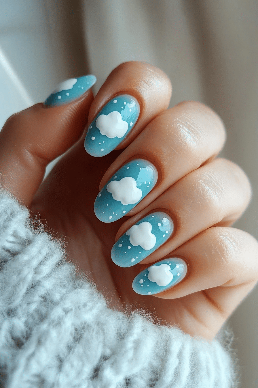 10. Cartoon Clouds on Sky Blue (Cute Nail Design Ideas For Short Nails) - Cute Nail Design Ideas For Short Nails