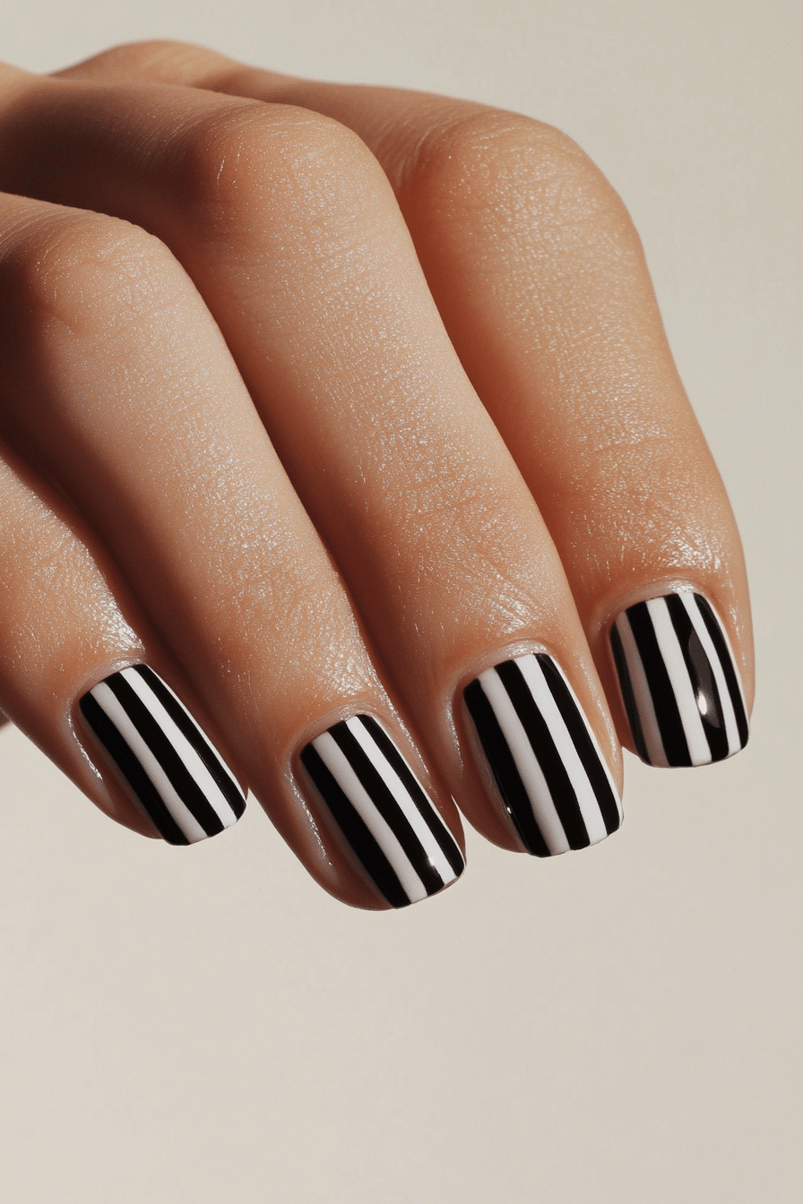 11. Monochrome Mini Stripes (Cute Nail Design Ideas For Short Nails) - Cute Nail Design Ideas For Short Nails
