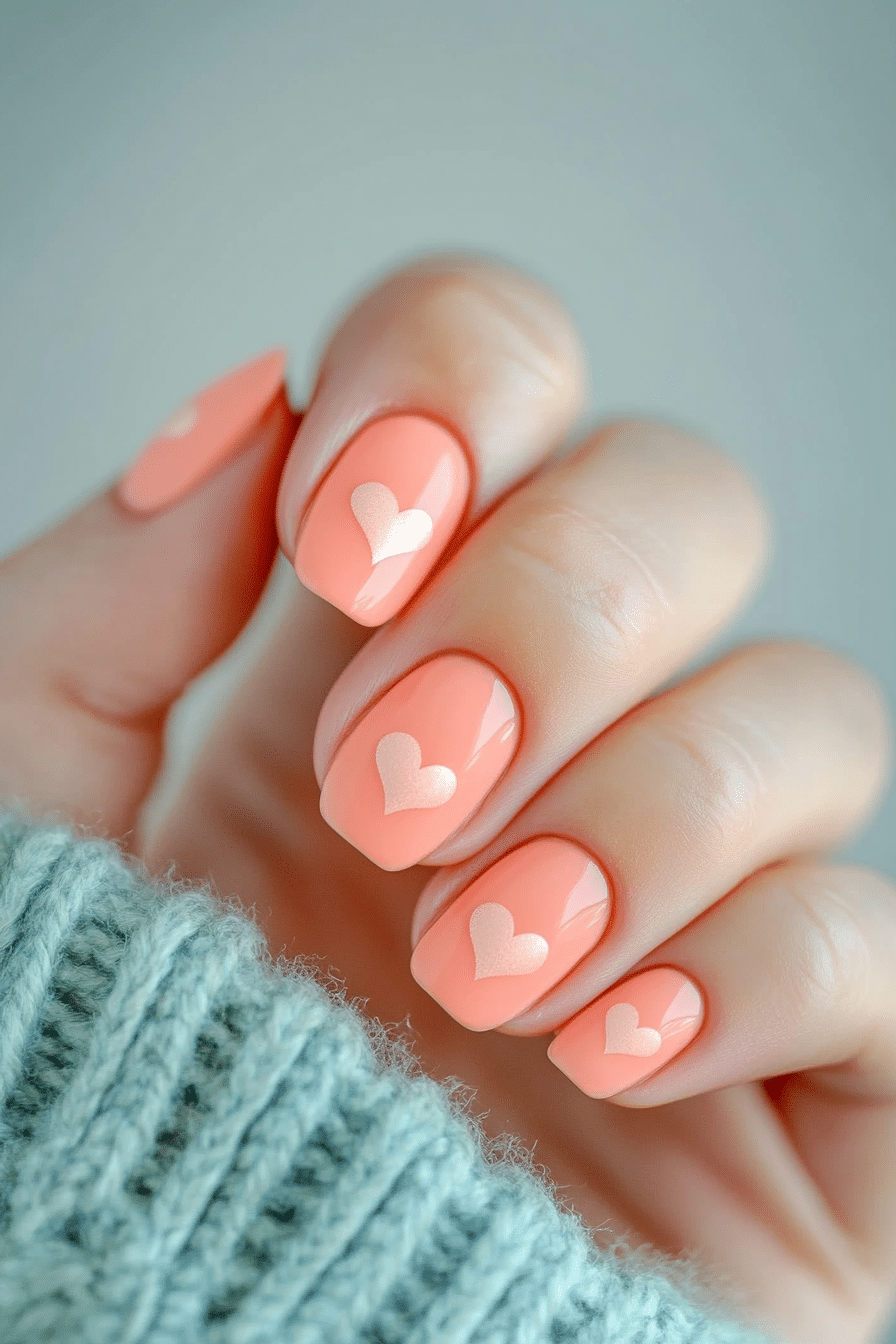 12. Micro Hearts in Muted Coral (Cute Nail Design Ideas For Short Nails) - Cute Nail Design Ideas For Short Nails