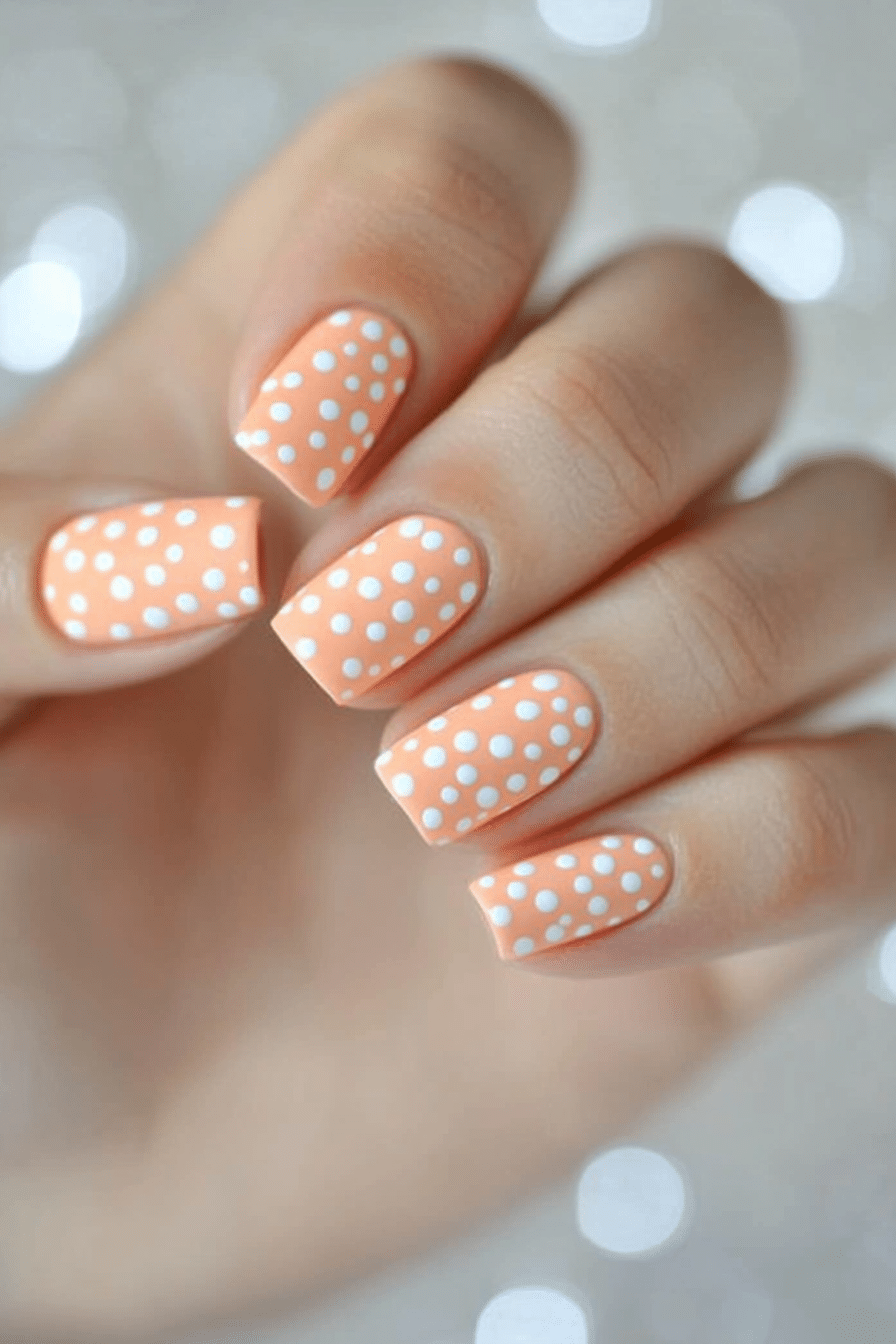 16. Peachy Polka Dots on White (Cute Nail Design Ideas For Short Nails) - Cute Nail Design Ideas For Short Nails