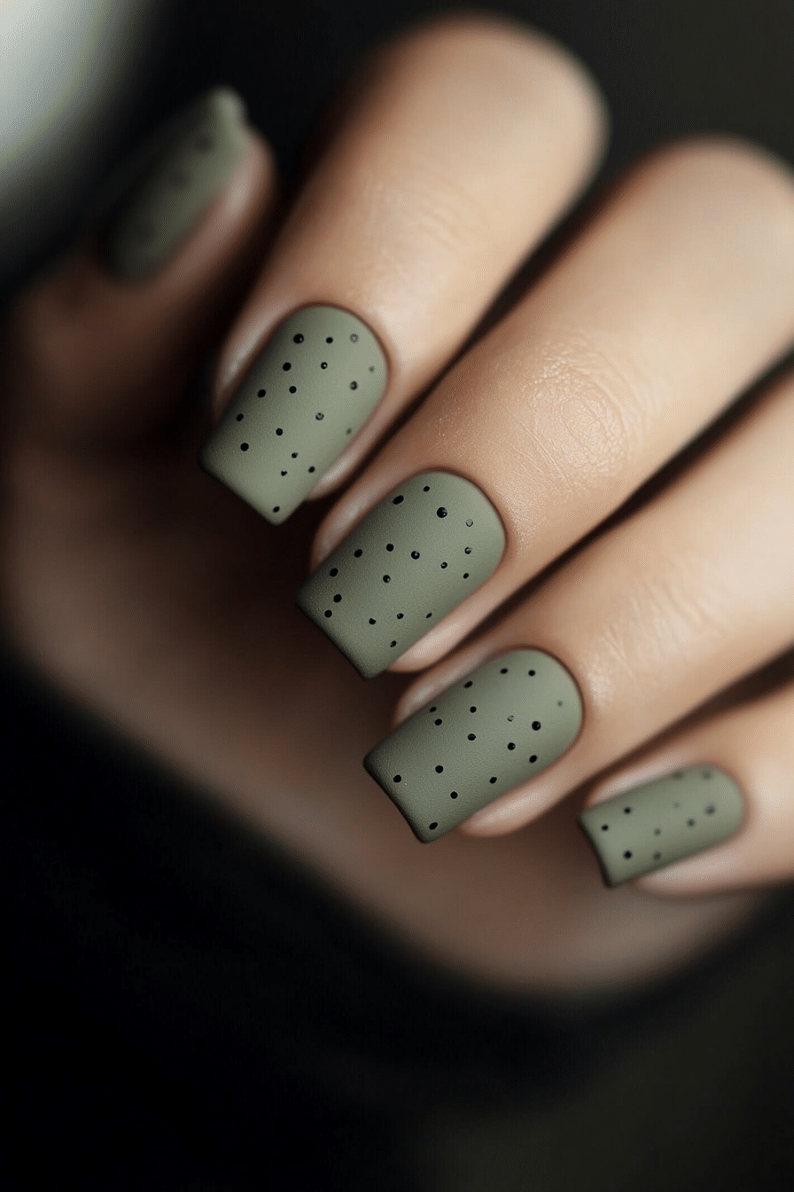 17. Olive Green Matte with Tiny Black Dots (Cute Nail Design Ideas For Short Nails) - Cute Nail Design Ideas For Short Nails