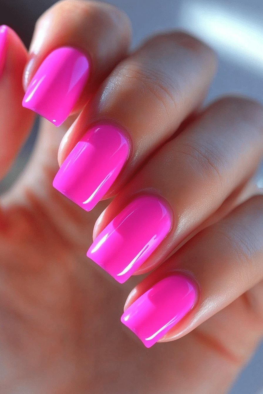 21. Candy Pink with Glossy Topcoat (Cute Nail Design Ideas For Short Nails) - Cute Nail Design Ideas For Short Nails