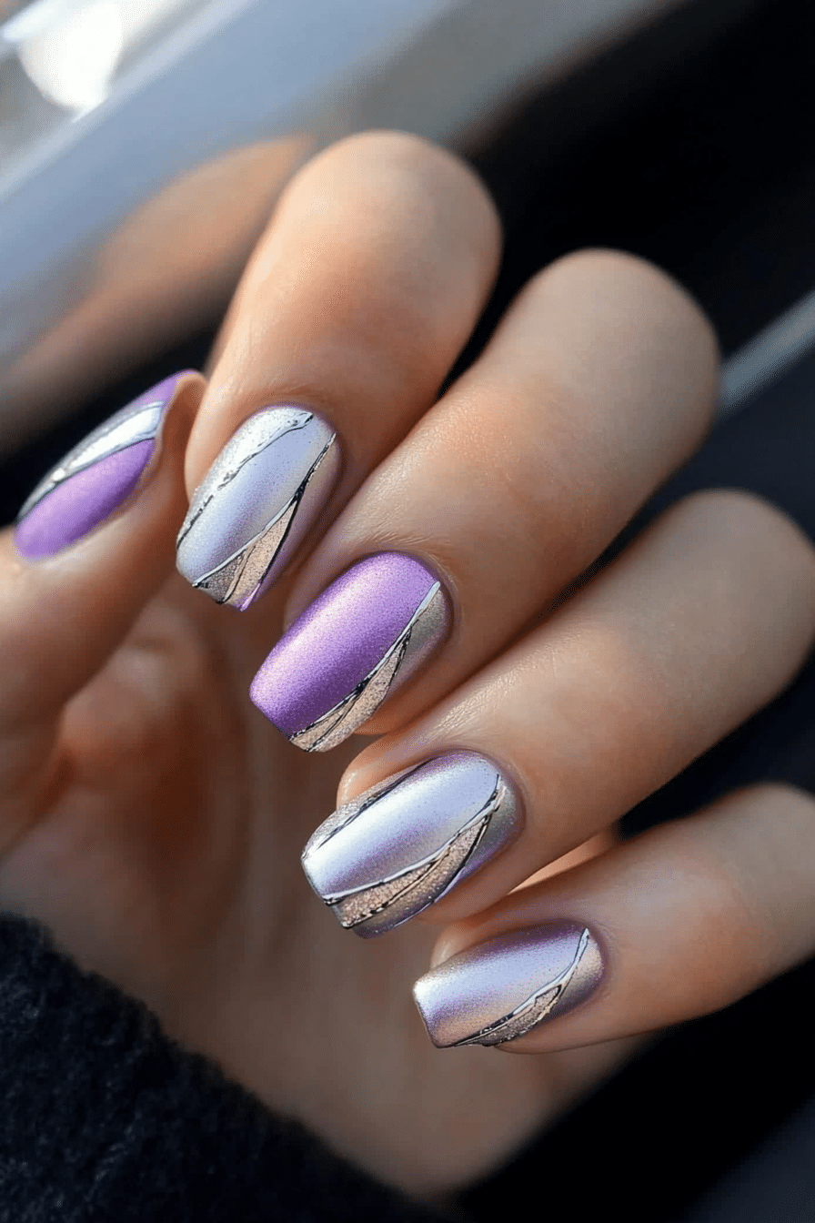 22. Lavender and Silver Split Nails (Cute Nail Design Ideas For Short Nails) - Cute Nail Design Ideas For Short Nails