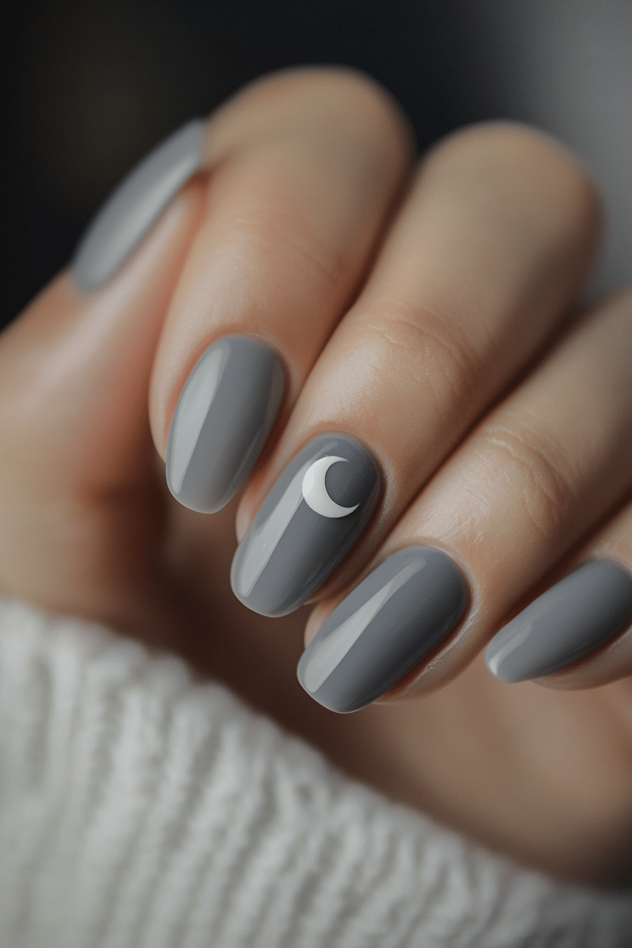 24. Minimal Moon Design in Slate Gray (Cute Nail Design Ideas For Short Nails) - Cute Nail Design Ideas For Short Nails
