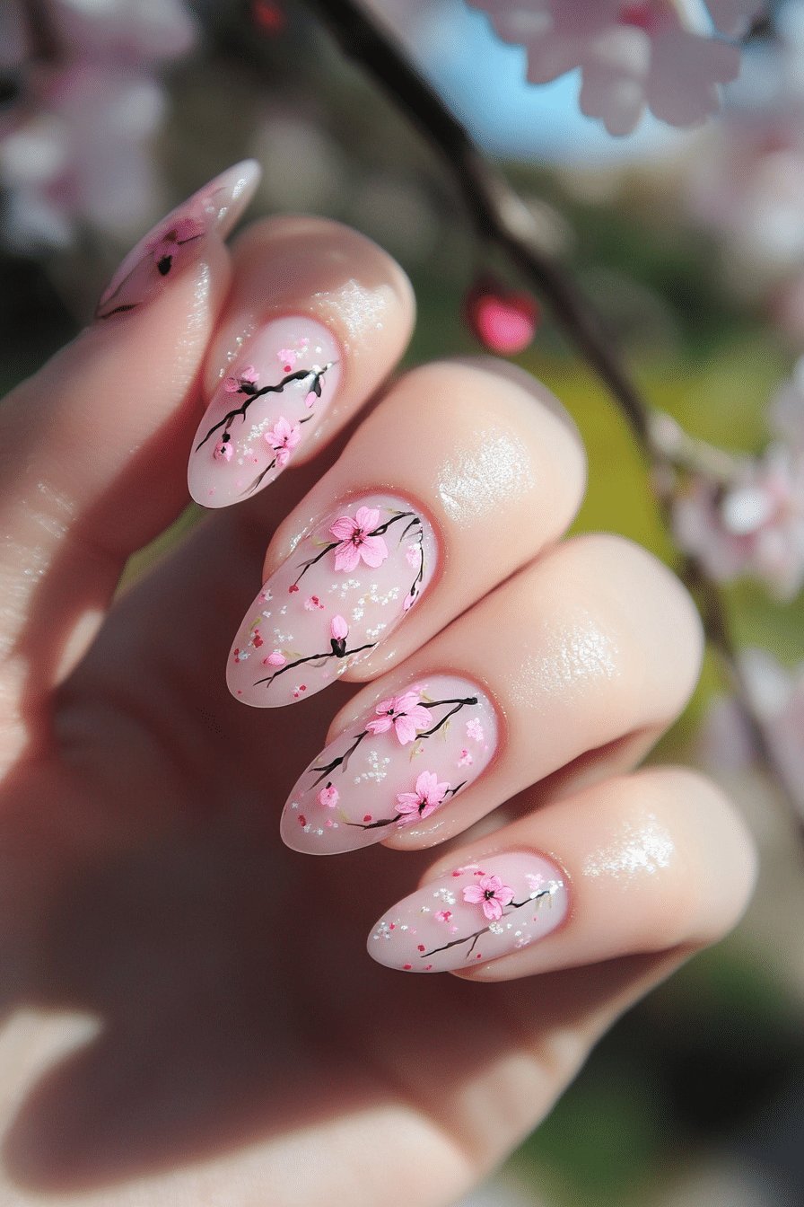 12. Cherry Blossom Float (Milky Nail Design Ideas) - Milky Nail Design Ideas