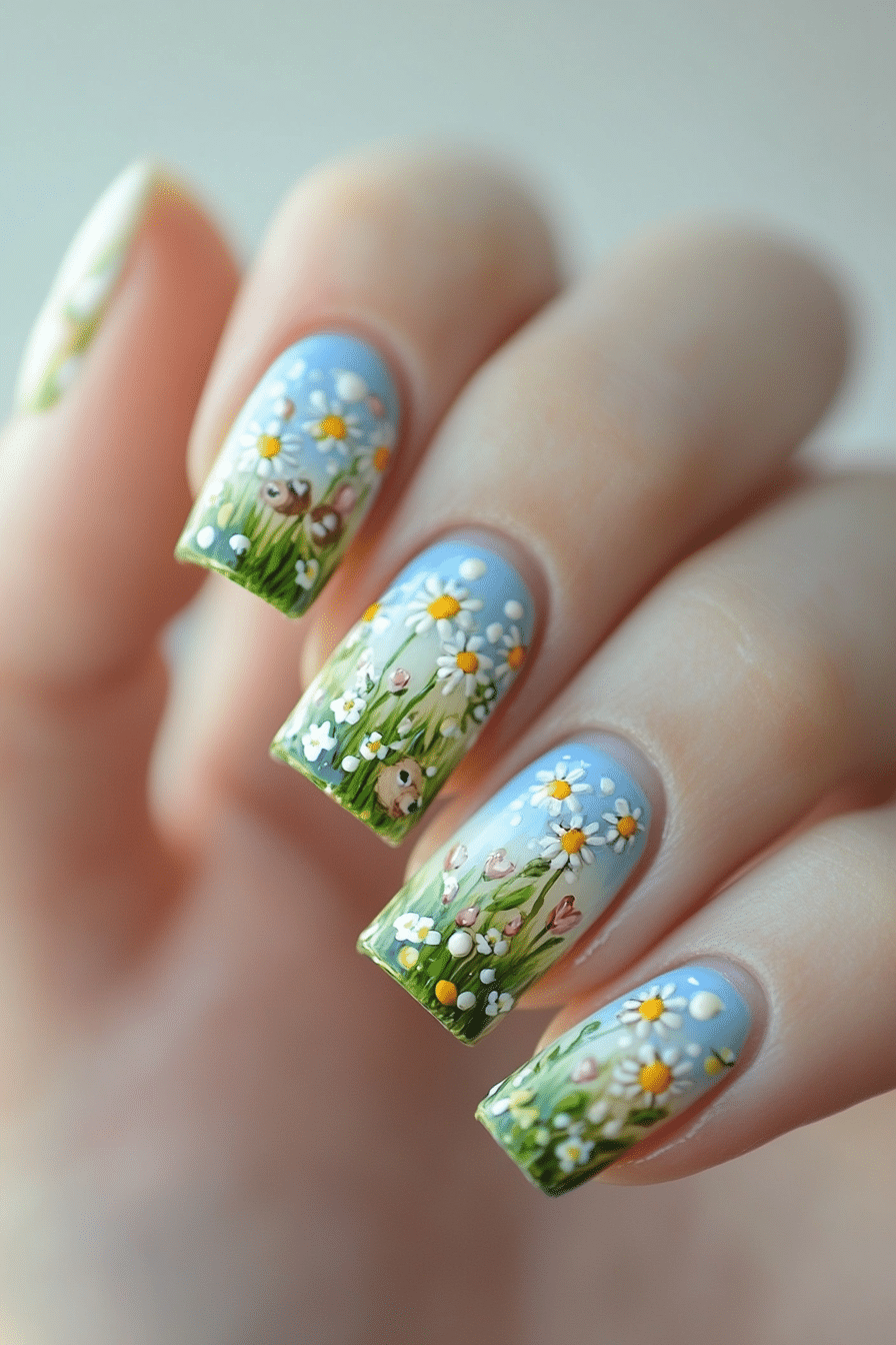 26. Spring Meadow Scene (Easter Nail Design Ideas) - Easter Nail Design Ideas