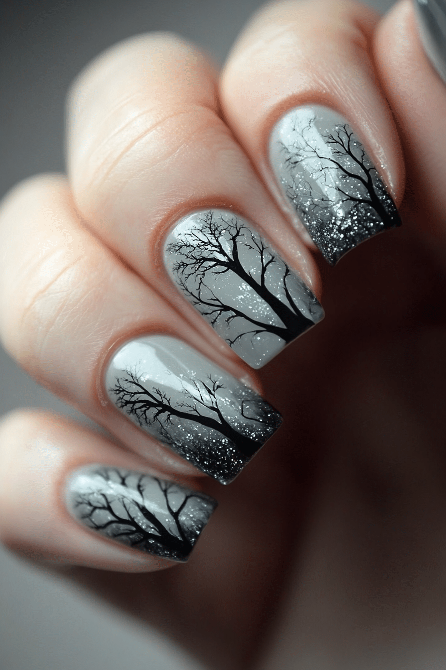 3. Sparkling Birch Forest (Winter Birthday Nail Design Ideas) - Winter Birthday Nail Design Ideas